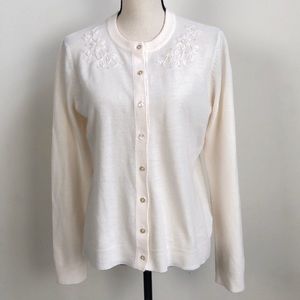 Basic Editions Floral Pearl Embroidered Minimalist Cottagecore Button Cardigan M
